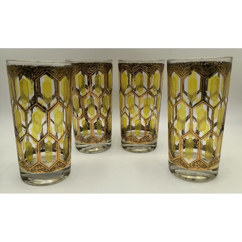 Vintage Mid-Century Modern West Virginia Glass 22K Gold Highball Glasses Set 4